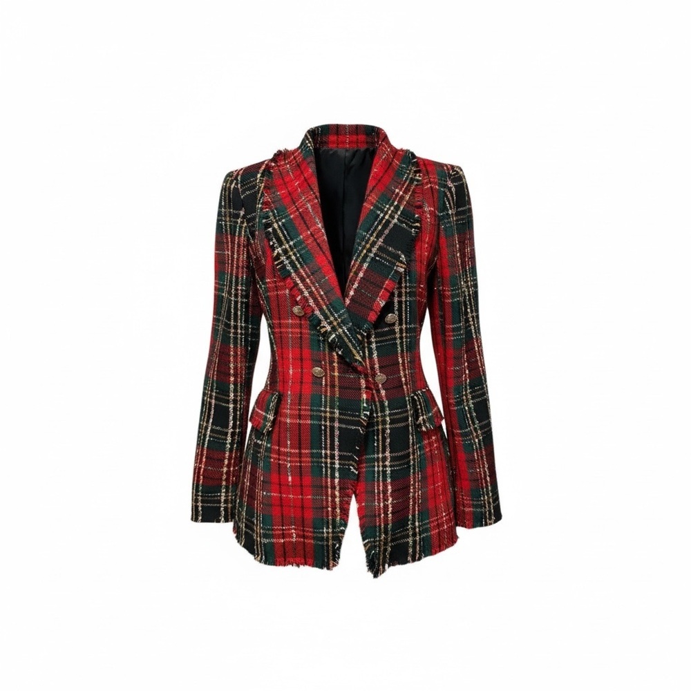🔻Rachel Zoe Red Plaid Tweed Blazer Jacket Frayed Trim Medium